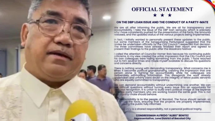 Official statement ni Bacolod City Rep. Albee Benitez angot sa DBP loan issue, malayo sa patag kag kulang sang factual basis suno kay Councilor Homer Bais Official statement ni Bacolod City Rep. Albee Benitez angot sa DBP loan issue, malayo sa patag kag kulang sang factual basis suno kay Councilor Homer Bais