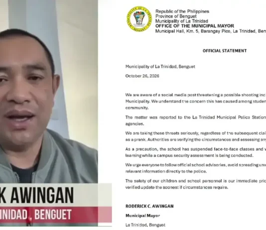 Tatlong araw na suspensiyon ng klase sa ilang paaralan sa La Trinidad, Benguet, inirekomenda matapos ang shooting threat