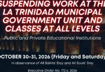 Trabaho kadagiti government offices ken klase idiay La Trinidad inton bigat agingga Oktobre 31, suspendido