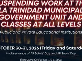 Trabaho kadagiti government offices ken klase idiay La Trinidad inton bigat agingga Oktobre 31, suspendido