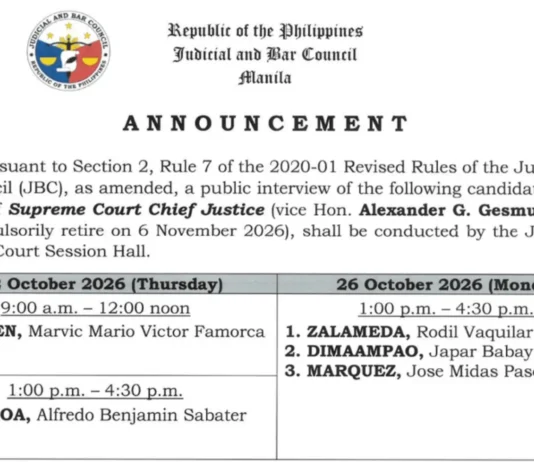 JBC nagbaton sa 5 kandidato sa pagka Chief Justice