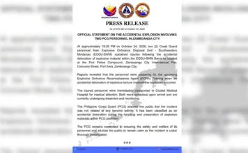 Dalawang tauhan ng PCG, sugatan sa aksidenteng pagsabog ng explosive material sa Zamboanga City