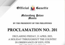Pangueong Ferdinand Marcos Jr., gindeklara makaron nga adlaw it Biyernes bilang regular holiday bilang pakikigbahin sa selebrasyon it Eid’l-Fitr