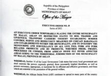 Malay mayor Frolibar Bautista, ginpaidaeom ro bilog nga banwa kaibahan ro isla it Boracay sa restricted status sa mga hog traders ag livestock transport carriers.