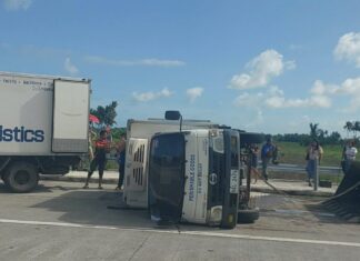 Delivery truck nga may kargang frozen products, natumba sa Diversion road nga sakop it Carugdog, Lezo