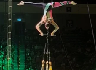 Circus performer halin sa Estados Unidos, nakarekord sang 185.80 ka kilo nga kabug-aton nga naalsa gamit lamang ang iya mga ngipon samtang nagabitay nga baliskad sa atubang sang live audience