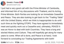 US President Donald Trump, nakiballaet iti gyera ti Thailand ken Cambodia