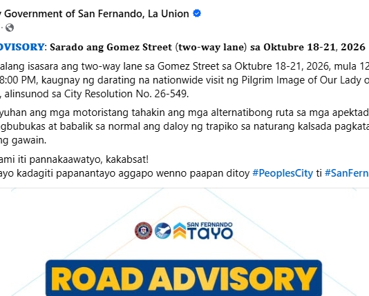 Temporaryo a pannakaiserra ti two-way lane iti Gomez Street ditoy siyudad, maipatungpal manipud October 18 to 21, 2026