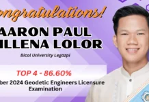 Rank 4 sa Geodetic Engineer Licensure Examination aminadong bako madali an pinag-agihan antes maabot an trayumpo Aaron Paul Lolor
