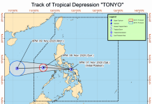 LPA naging tropical depression ‘Tonyo;’ nag-landfall sa Ticao Island – PAGASA track 3