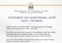 DFA, pinanatili ang Alert level 1 status para sa mga Pilipino sa Israel DFA