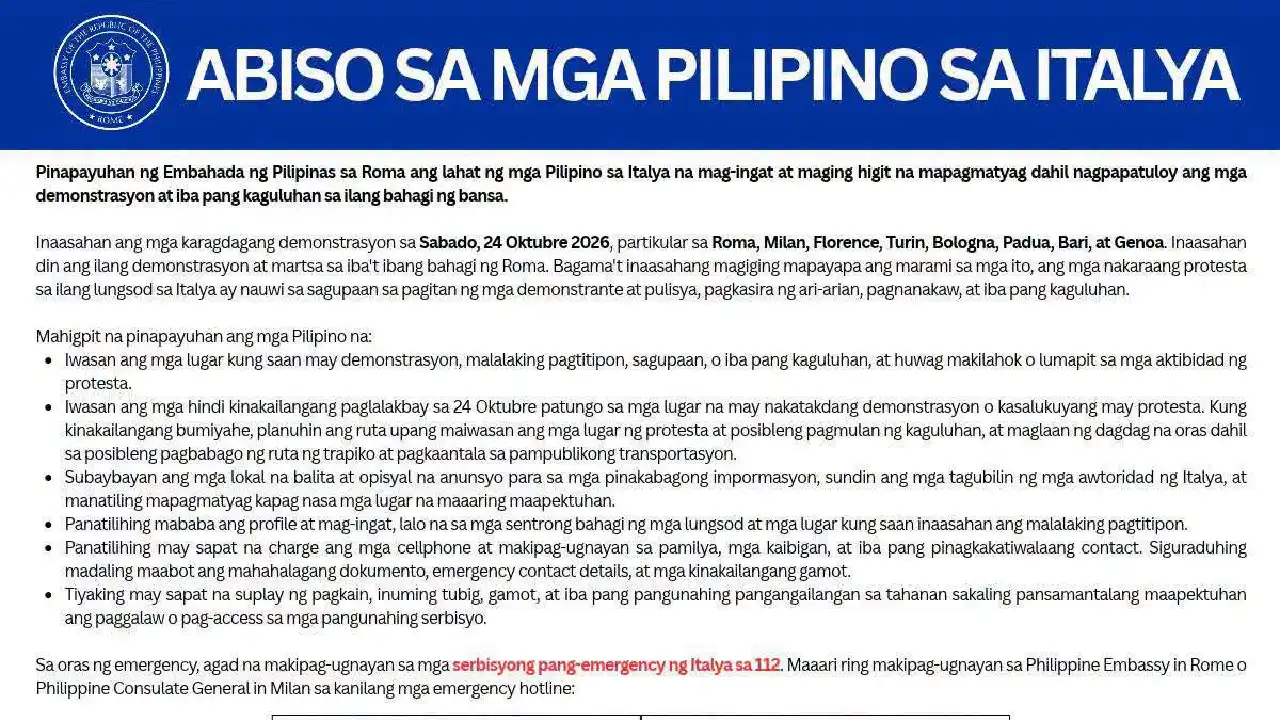 Mga Pinoy sa Italy, pinayuhang mag-ingat dahil sa nakaambang mga demonstrasyon