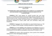 Klase sa elemetarya at sekondarya sa lahat ng pampublikong paaralan sa Tuguegarao City , suspendido sa August 13, 2019 , re: 295th Afi-Festival