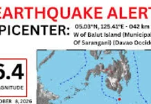 Magnitude 6.4 na lindol naitala sa karagatan ng Balut Island