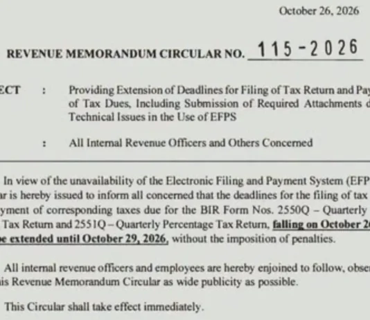 BIR, pinalawig sa Oktubre 29 ang deadline ng paghahain at pagbabayad ng buwis