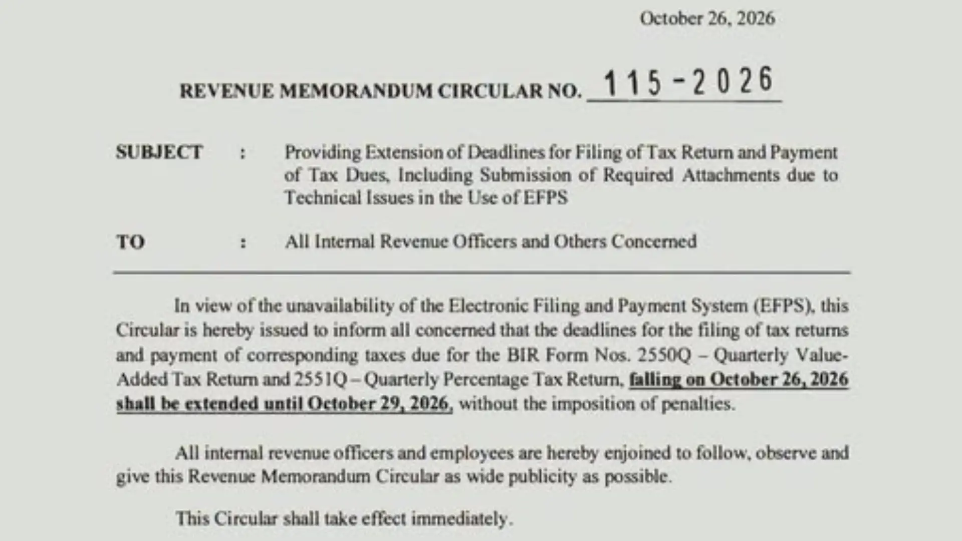 BIR, pinalawig sa Oktubre 29 ang deadline ng paghahain at pagbabayad ng buwis