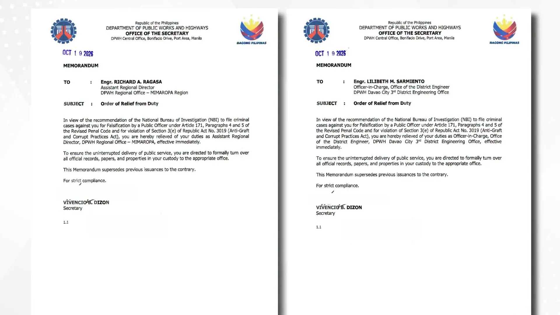 Apat na opisyal ng DPWH, sinibak sa puwesto dahil sa umano’y mga anomalya
